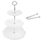 3 Tier Porcelain Cake Stand with Sugar Tongs - Party Food Server Display Set - Three Tier Dessert Stand - Perfect for your Tea Party, Baby Shower and Dessert Table - White - Round
