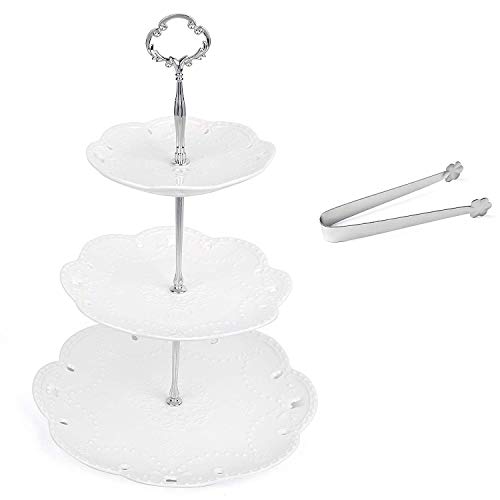 3 Tier Porcelain Cake Stand with Sugar Tongs - Party Food Server Display Set - Three Tier Dessert Stand - Perfect for Your Tea Party, Baby Shower and Dessert Table - White - Round