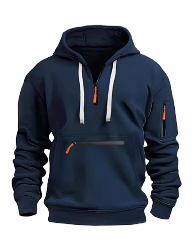 Volemo Mens Hoodies Quarter Zip Hoodie Colour Contrast Hooded Sweatshirt Long Sleeve Hoody Tops with Pocket Navy XL