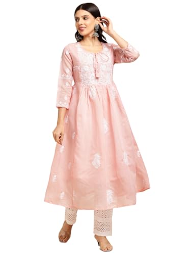 Image of RATAN Women's Muga Cotton Flared Lucknowi Chikankari Ethnic Wear Kurta
