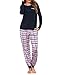 Leversic Schlafanzug Damen Lang Kariert Zweiteiliger Pyjama Set, Rundhals Oberteil und Schlafanzughose Loungewear Hausanzug Baumwolle Nachtwäsche, 1077-Navy, M