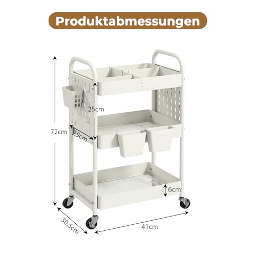 Foto von danpinera Rollwagen mit 3 Ebenen, Rollwagen Metall mit Trennwänden & Stecktafeln, Servierwagen, Bastelwagen, Küchenwagen mit Rollen für Küche, Wohnzimmer, Badezimmer, Haken und hängende Bechern