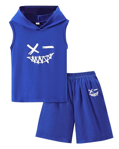 Image of Kids Boys Summer 2PCS Outfits Sleeveless Hooded Loose Casual Top Shirt and Elastic High Waist Sports Short Pant Set
