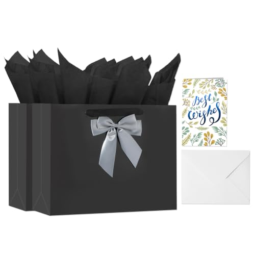 Image of 13 inch Black Bags with Handles, Birthday Gift Bag Set - 2 Gift Bag with Bow, 4 Tissues & Greeting Card for Men Women,Gift Bags Medium size(2 PCS Black Glossy)