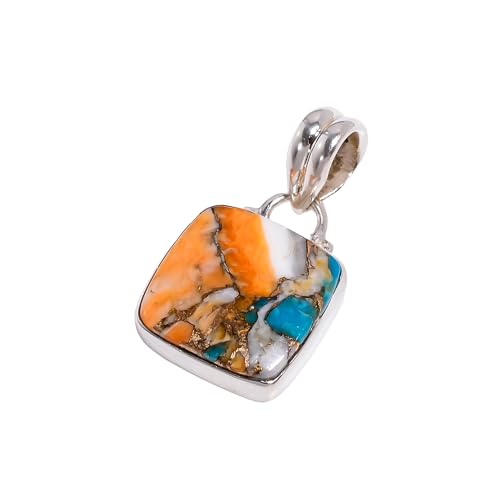 Natural Top Quality Orange Spiny Oyster Turquoise Gemstone 925 Sterling Silver Handmade Statement Pendant for Women Gift for Mom Wife Son