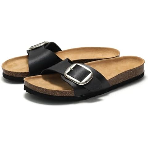 MeiLuSi Sandals for Women Summer Beach Sandals Memory Foam Insole Womens Sandals Comfortable Genuine Leather Sandals Classic Cork Slides for Women Slippers Black Size 9.5 Cover