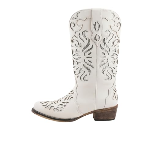 Image of ROPER Womens Riley Glitz Glitter Underlay Snip Toe Casual Boots Mid Calf Low Heel 1-2 inch - Off White