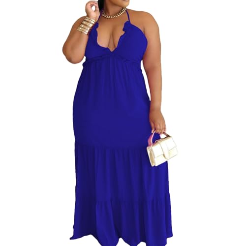 Image of TOPSRANI Womens Sleeveless Maxi Dress Halter Casual Backless Smocked Tiered Ruffle Flowy Sexy Slip Sling Strap Dresses