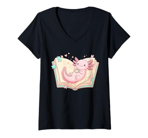 Women's Cute Kawaii Axolotl Book Tea Lover Women Reading Cozy Art V-Neck T-Shirt