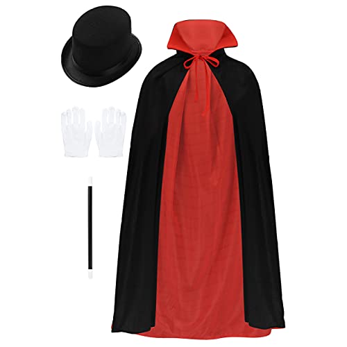 JanJean Costume Magicien Enfants Deguisement Sorcier Mage Tenue Halloween Manteau Cape + Baguette Magique + Chapeau + Gant 5-10 Ans Noir Rouge Taille Unique Cover