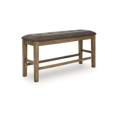 Image of Signature Design by Ashley Vallister Contemporary Tufted Faux Leather Upholstered Counter Height Dining Bench with Burnished Edges, Light Brown