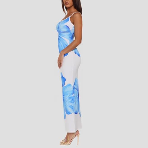 Image of Womens Summer Casual Floral Dresses Spaghetti Strap Bodycon Maxi Beach Dress Elegant Evening Party Long Dresses (US, Alpha, Large, Regular, Regular, Blue White)