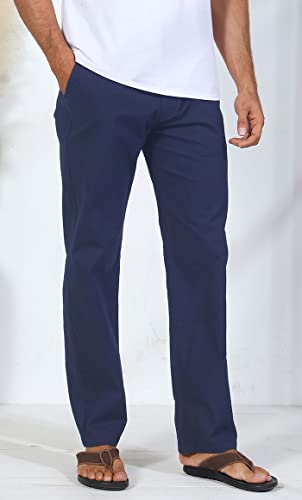 Soojun Men's Casual Linen Blend Relaxed Fit Straight Legs Elastic Waist Pants, Navy, 36W X 30L #TOP3