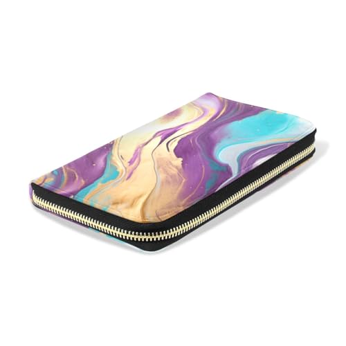 Long Wallets Leather Bifold Wallet for Women Marble Purple Gold with Zipper Credit Card Holder Large Capacity4