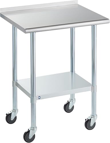 Image of Stainless Steel Table for Prep & Work with Backsplash & Caster 24x30 Inches, NSF Commercial Kitchen Heavy Duty Table with Adjustable Under Shelf for Restaurant, Home and Hotel