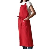 [Drection] エプロン 2ポケット付き 膝下カフェ風 首掛け レディース ロング 料理用 家事 ガーデニング DIY かわいい おしゃれ 北欧風 保育士 制服 ユニフォーム (チェリーレッド, M)