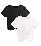 JINKESI Women's 2 Pack T-Shirts Summer Crop Tops Causal Crew Neck Short Sleeve Twist Front Tee T-Shirt Black White-Medium