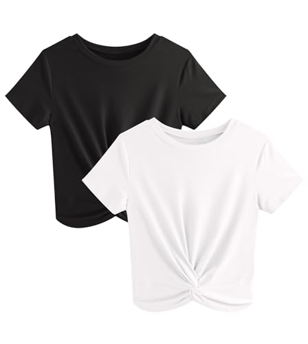 JINKESI Women's 2 Pack T-Shirts Summer Crop Tops Causal Crew Neck Short Sleeve Twist Front Tee T-Shirt