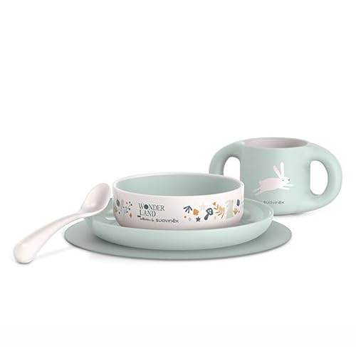 Suavinex, Kindergeschirr Set, Baby-Essensset Mit Platzset Rutschfest + Teller + Schale + Tasse + Löffel. Spülmaschinenfest, Mikrowellengeeignet. Für Babys ab 6 Monaten. weiß Grün