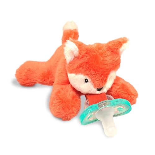 Image of RaZbaby JollyPop Pacifier, Holder w/Detachable Baby Pacifier, Stuffed Animal RaZbuddy, All Ages 0M+, 100% Medical Grade USA Made Silicone, Machine Washable, Textured & Easy to Hold – Fox