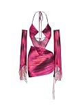 CAPE CLIQUE Women Marble Print Halter Backless Dress Split Long Sleeves Sexy Slim Fit Mini Dress Cool-Street Skirt Suit Red