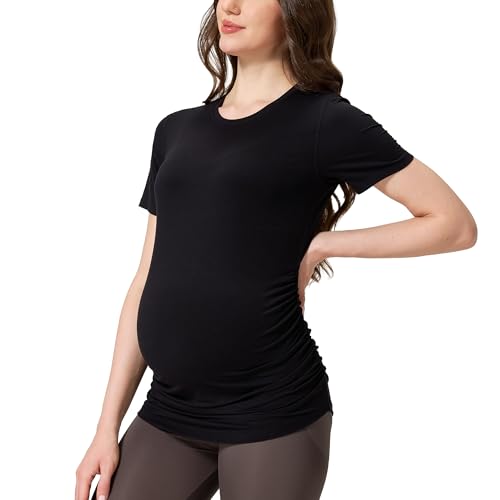 netdraw Buttery Soft Bamboo Viscose Maternity T Shirt, Pregnancy Short Sleeve Side Ruched Casual Tops, Black, Large