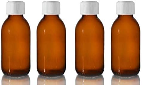 This Health 150ml Amber Glass Bottles with white Medicap lids ~ Pack of 4 ~ Child resistant closure, refillable, reusable, and travel sized strong medicine bottle.