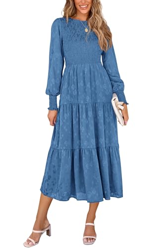 PRETTYGARDEN Women's Fall Spring Midi Dress Long Sleeve Floral Smocked