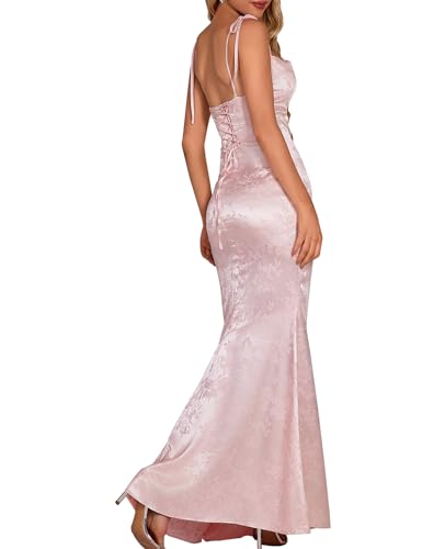 GLNEGE Women's Satin Formal Wedding Guest Maxi Dress Elegant Spaghetti Strap Lace Up Bodycon Evening...