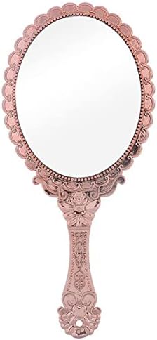 AKOAK 1 Pack Creative Retro Pattern Handle Makeup Mirror Portable Carry-on Lace Mirror Hand-held Mirror Makeup Tool (Rose Gold)