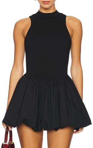Women's Summer Bubble Mini Dress Sexy Mock Neck Sleeveless Tank Dress Party Club Bodycon Short Dresses