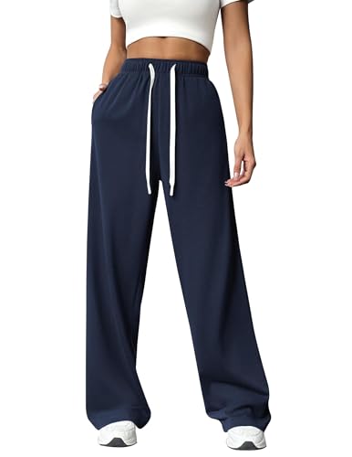 PINSPARK Jogginghose Damen Sporthose Lang Baggy Traininghose High Waist Freizeithose Lockere Sweatpants mit Elastischem Bund Weites Gerades Bein Yoga Gym Hose Laufhosen Navy Blau S