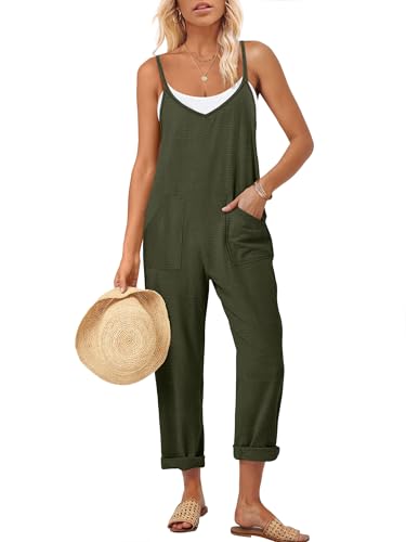 ANRABESS Women Jumpsuits Casual Summer Overalls Loose Spaghetti Strap Romper Jumpers with Pockets 2026 Beach Vacation Clothes Army Green XX-Large