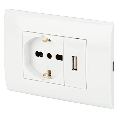 POLY POOL PP6096X Kit Empotrable 250V con Módulos Toma de Corriente Eléctrica Schuko Pluristandard Enchufe 10A 16A Italiana/Alemana y Toma USB 2.1A Blanco con Caja Para fijación a la Pared