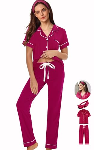 Image of WJing Yi Jia 3Pcs Soft Pajama Sets For Women XS-XXL Womens Pajamas Set Sleepwear Button Down Short Sleeve Long Pants Pj sets