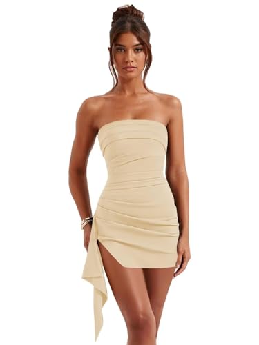 Taki Begonia Women's Satin Homecoming Dresses for Teens Strapless Ruffle Slit Tight Short Prom Gown Cocktail Party Dress Champagne