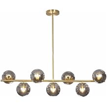 KCO Lighting Mid Century Modern Globe Sputnik Chandelier Gold Brass Linear Pendant Hanging Light Fixture 7-Light Smoke Glass Sphere Chandelier Kitchen Island Dining Room Chandelier