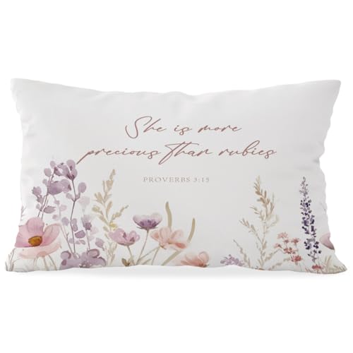 ETVISO Baby Girl Nursery Decor Pillow Cover 12x20, Proverbs 3:15 Religious Throw Pillow Case, Wildflower Flower Nursery Bible Verse Floral Decor for Nursery Playroom Kids Room