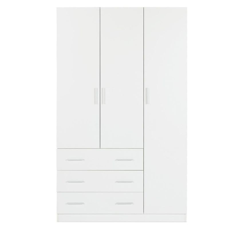 Buyqualia Armario Ropero Blanco 200x120x58 cm con 3 Puertas y 3 Cajones – Armario de Dormitorio Amplio y Funcional