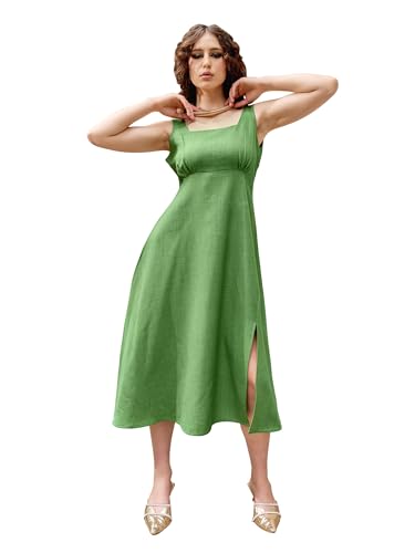 PURVAJA Women’s Maxi Solid Linen Dress (FLOE-304-GREEN-M)
