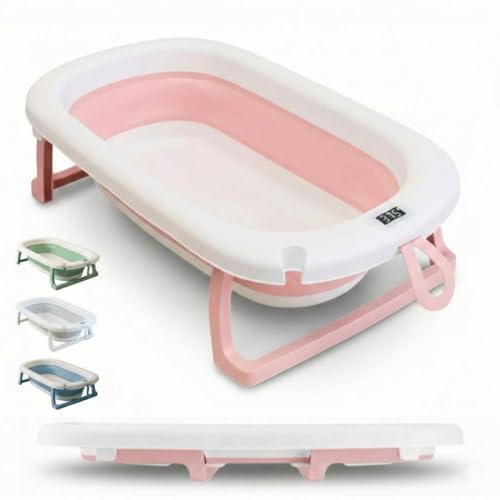 BAÑERA PLEGABLE BEBÉ Termómetro + Patas Antideslizantes + Tapón de Seguridad | Bebé Recién Nacido | Diseño Plegable | Fácil de Guardar y Transportar (Rosa Patel)