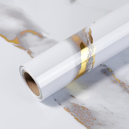 Yun-aeon Thick Marble Contact Paper for Countertops 15.7x 78.7 - White and Gold Glossy Peel and Stick Wallpaper Self-Adhesive Removable Countertops for Kitchen Bathroom Cabinets