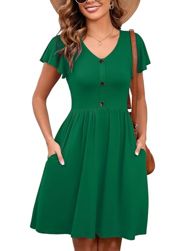 Image of Heymoments Women's Ruffle Sleeve V Neck Swing Sundress Summer Casual A-Line Midi Dress with Pockets S-2XL