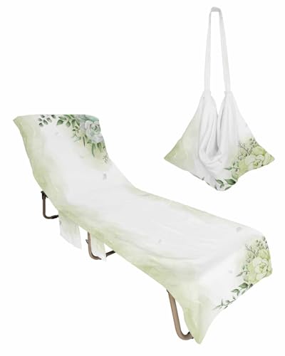 Teal Botanical Beach Lounge Chair Towel Cover, Soft Chaise Lounge Towel with Side Pockets Patio Pool Chairs Cover for Beach/Pool Sunbathing 29x85 Weeping Eucalyptus Leaves Green Elegant