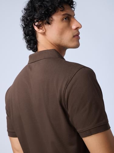 Image of The Souled Store Popcorn: Dark Mocha Men and Boys Short Sleeves Collared Neck Solid Cotton Blend Regular Fit Zipper Polos
