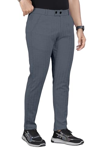 Image of Mehrang Men's Casual Textured Regular Fit Trousers, Formal Pants with Button Closure, Side Pockets, Polyester Trouser for Men