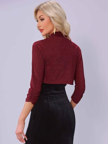 Allegra K Shiny Glitter Party Shrug for Women 3/4 Ruched Sleeve Open Front Cropped Bolero Cardigan3