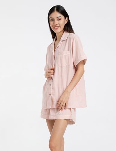 Image of Womens Muslin Pajama Set 100% Cotton Double Gauze Linen Like Breathable Soft Button Up Loungewear Sleepwear PJ Set