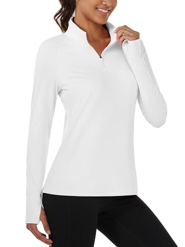 MAGCOMSEN Women's Running Shirts Quarter Zip Fleece Pullover Long Sleeve Tee Athletic Workout Tops Thumb Hole White,S