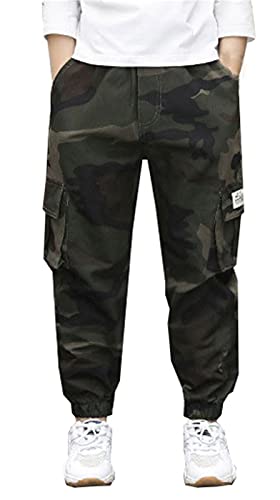 SANGTREE Boys' Camouflage Print Cargo Pants, Elastic Waist Jogger Pants with Pockets for Boys, Camo Green, 9-10 Years = Tag 150